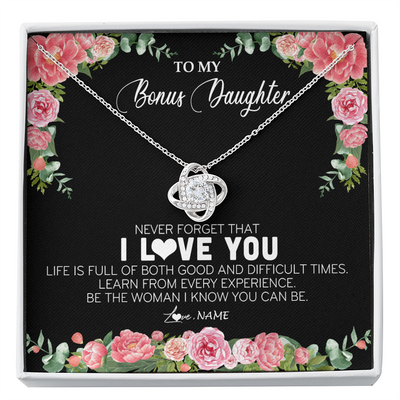 Love Knot Necklace | Personalized To My Bonus Daughter Necklace from Stepmother Never Forget I Love You Floral Jewelry for Stepdaughter Birthday Christmas Customized Message Card | teecentury