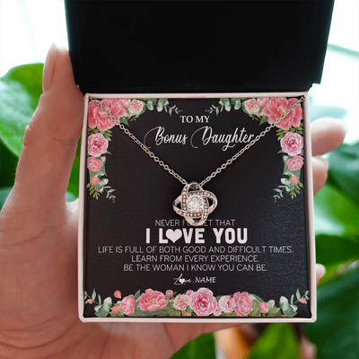 Love Knot Necklace | Personalized To My Bonus Daughter Necklace from Stepmother Never Forget I Love You Floral Jewelry for Stepdaughter Birthday Christmas Customized Message Card | teecentury