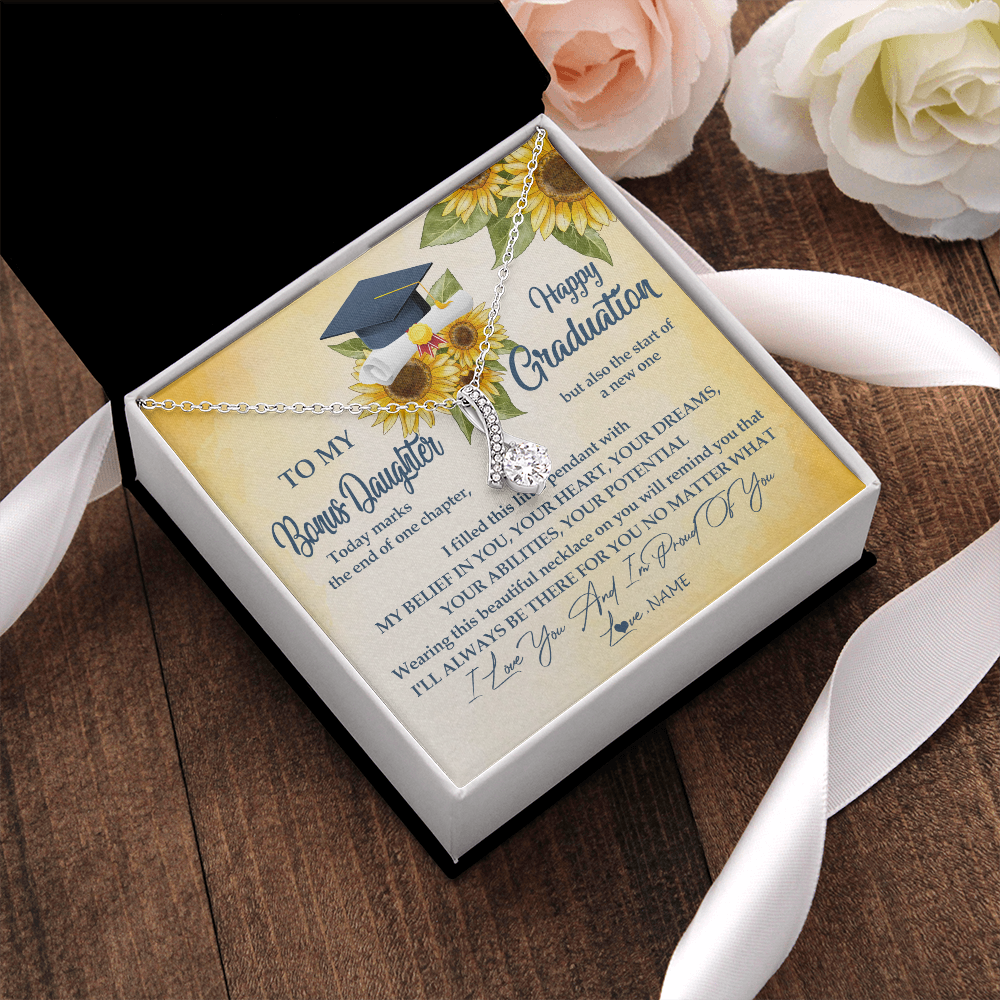 Alluring Beauty Necklace | Personalized To My Bonus Daughter On Her Graduation Day Necklace Flower I Love You I'm Proud Of You Class of 2022 Daughter Jewelry Customized Gift Box Message Card | teecentury