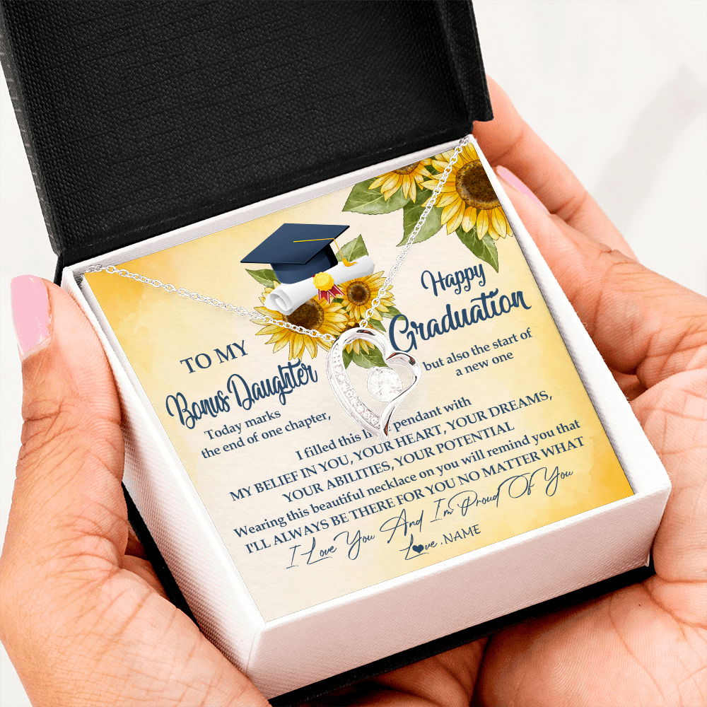 Forever Love Necklace | Personalized To My Bonus Daughter On Her Graduation Day Necklace Flower I Love You I'm Proud Of You Class of 2022 Daughter Jewelry Customized Gift Box Message Card | teecentury