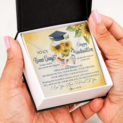 Interlocking Hearts Necklace | Personalized To My Bonus Daughter On Her Graduation Day Necklace Flower I Love You I'm Proud Of You Class of 2022 Daughter Jewelry Customized Gift Box Message Card | teecentury