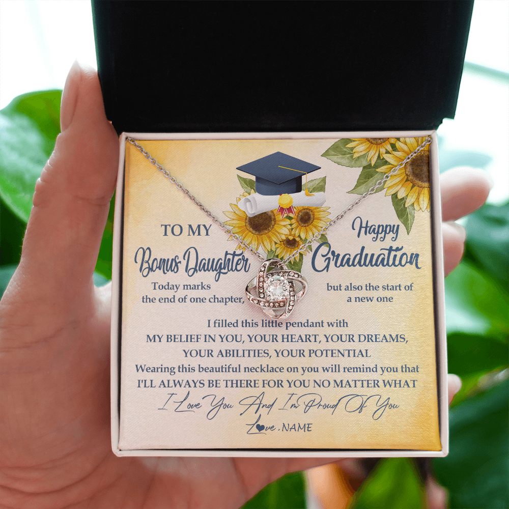 Love Knot Necklace | Personalized To My Bonus Daughter On Her Graduation Day Necklace Flower I Love You I'm Proud Of You Class of 2022 Daughter Jewelry Customized Gift Box Message Card | teecentury