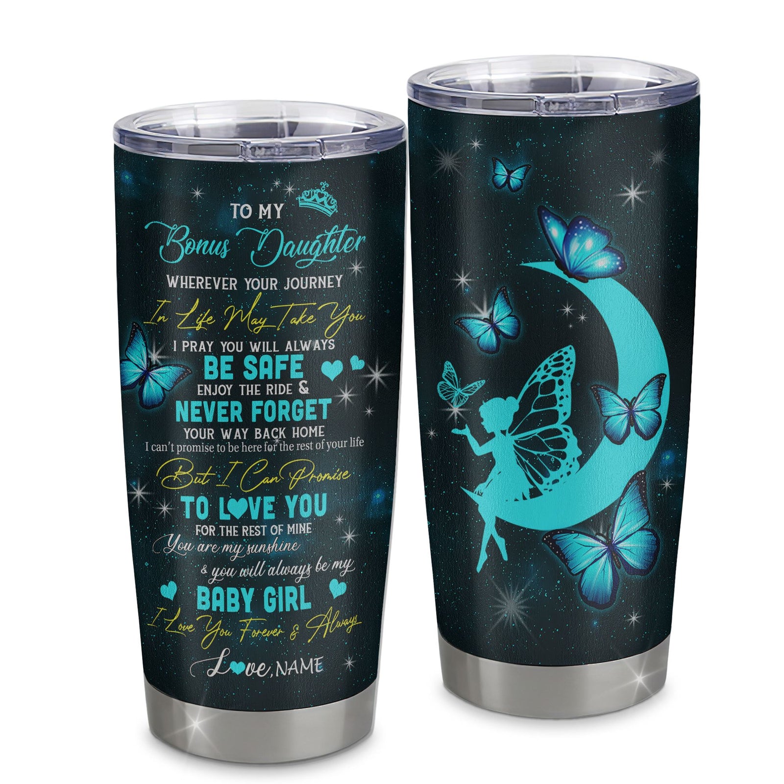 Personalized To My Bonus Daughter Tumbler From Stepmom Stepdad Stainless Steel Cup Fairy Silhouette Fantasy Moon Stepdaughter Birthday Christmas Travel Mug | teecentury