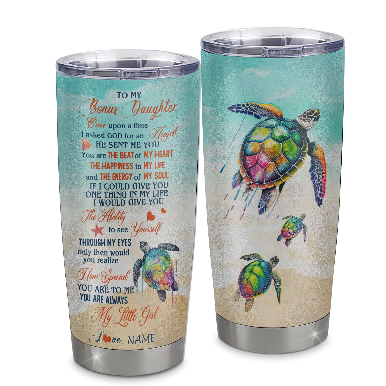 Personalized To My Bonus Daughter Tumbler From Stepmom Stepdad Stainless Steel Once Upon A Time Sea Turtle Beach Stepdaughter Birthday Christmas Travel Mug | teecentury