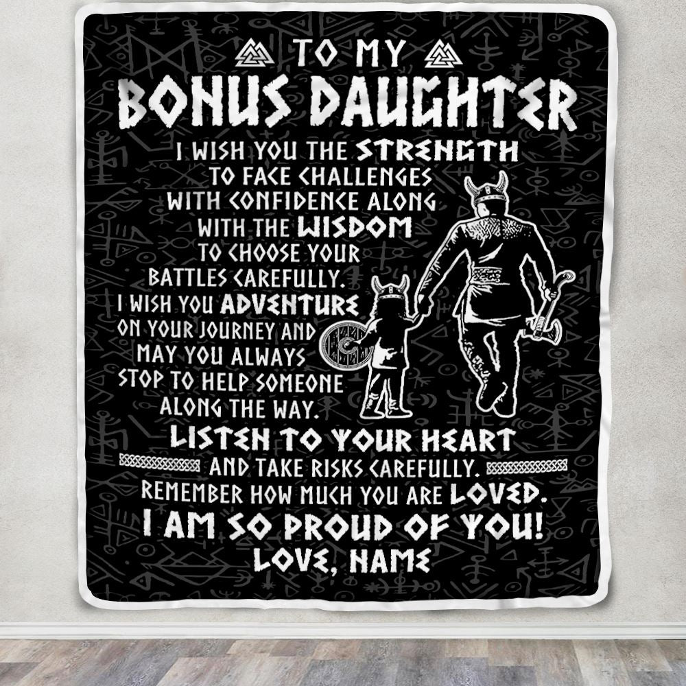 Personalized To My Bonus Daughter Viking Blanket From Stepdad I Am So Proud Of You Runes Viking Stepdaughter Christmas Customized Bed Fleece Blanket | teecentury