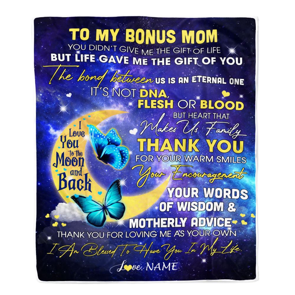 Personalized To My Bonus Mom Blanket from Daughter In Law Thank You For Loving Me Butterfly Stepmother Mothers Day Birthday Christmas Customized Fleece Blanket | teecentury