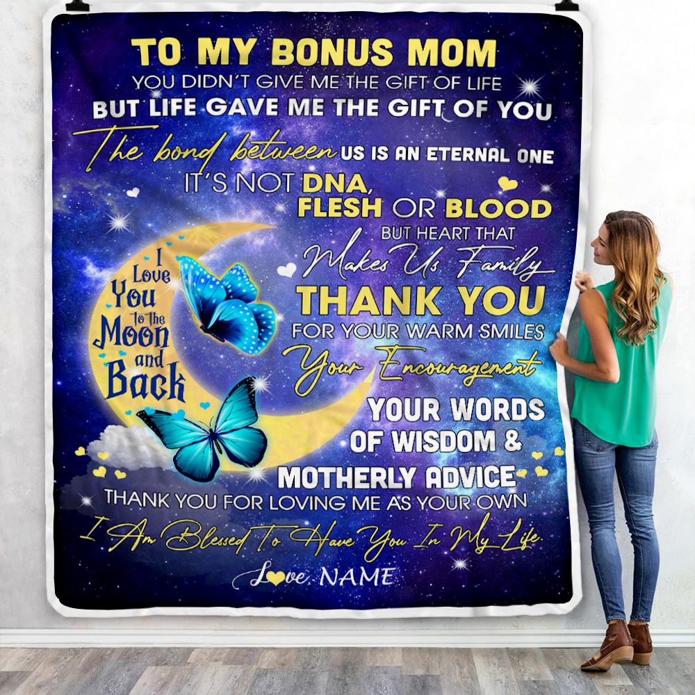 Personalized To My Bonus Mom Blanket from Daughter In Law Thank You For Loving Me Butterfly Stepmother Mothers Day Birthday Christmas Customized Fleece Blanket | teecentury