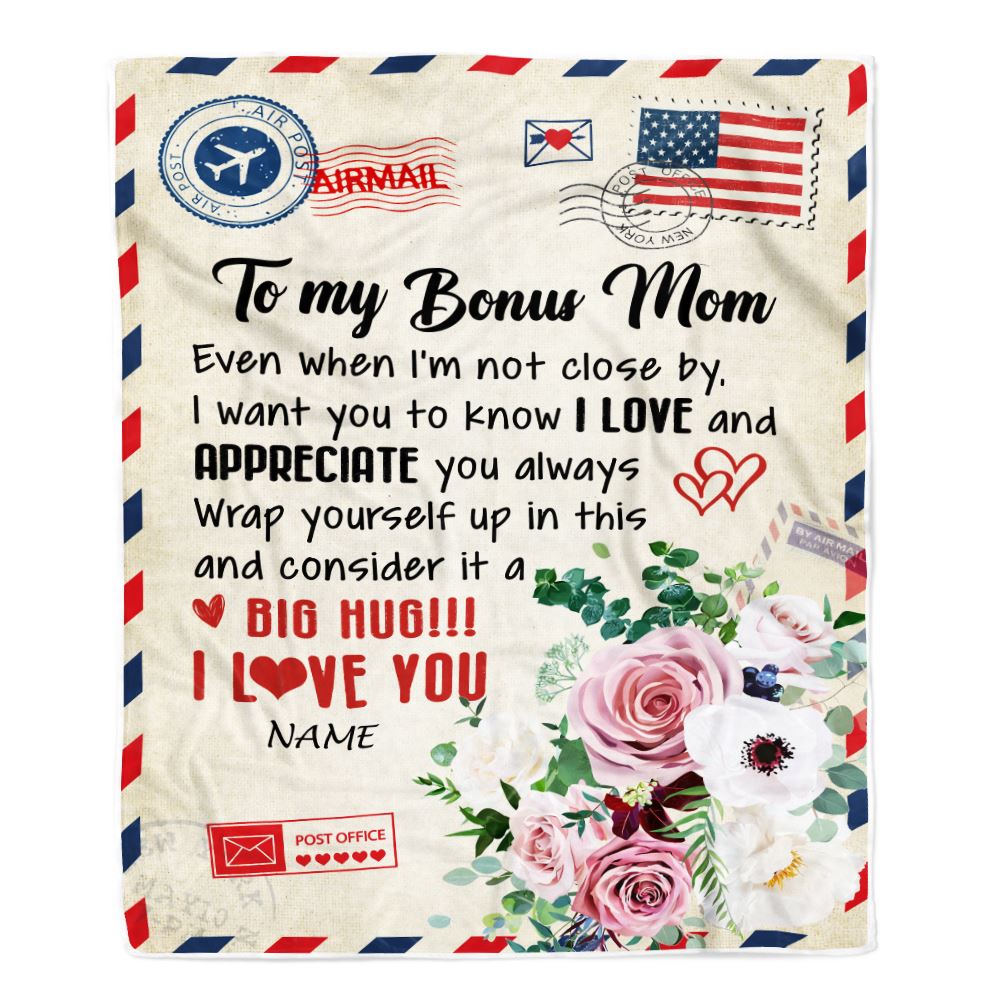 Personalized To My Bonus Mom Blanket from Daughter Son Floral Air Mail Letter I Love You Bonus Mom Birthday Mothers Day Christmas Customized Fleece Blanket | teecentury