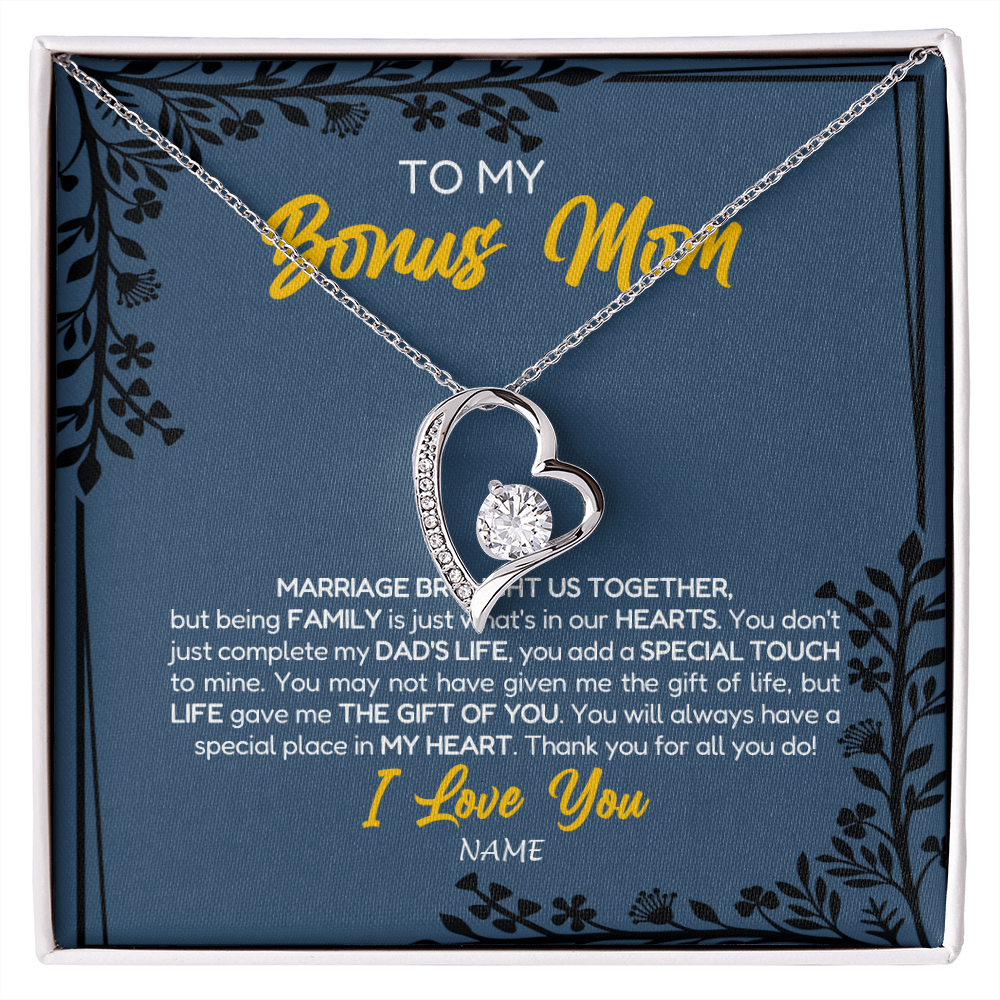 Forever Love Necklace | Personalized To My Bonus Mom Necklace From Daughter Stepmom Jewelry Birthday Mothers Day Christmas Customized Box Message Card | teecentury