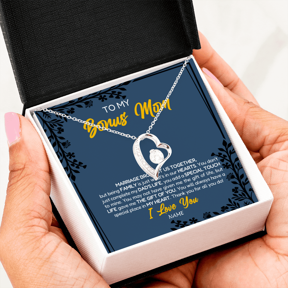 Forever Love Necklace | Personalized To My Bonus Mom Necklace From Daughter Stepmom Jewelry Birthday Mothers Day Christmas Customized Box Message Card | teecentury