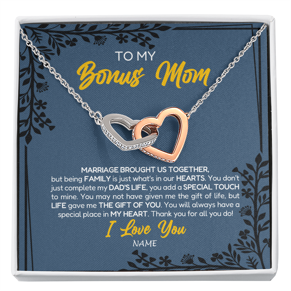 Interlocking Hearts Necklace | Personalized To My Bonus Mom Necklace From Daughter Stepmom Jewelry Birthday Mothers Day Christmas Customized Box Message Card | teecentury