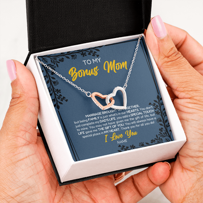 Interlocking Hearts Necklace | Personalized To My Bonus Mom Necklace From Daughter Stepmom Jewelry Birthday Mothers Day Christmas Customized Box Message Card | teecentury