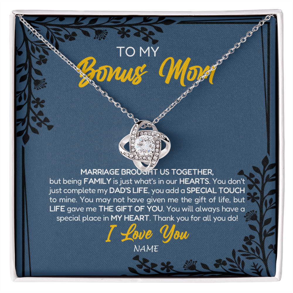 Love Knot Necklace | Personalized To My Bonus Mom Necklace From Daughter Stepmom Jewelry Birthday Mothers Day Christmas Customized Box Message Card | teecentury
