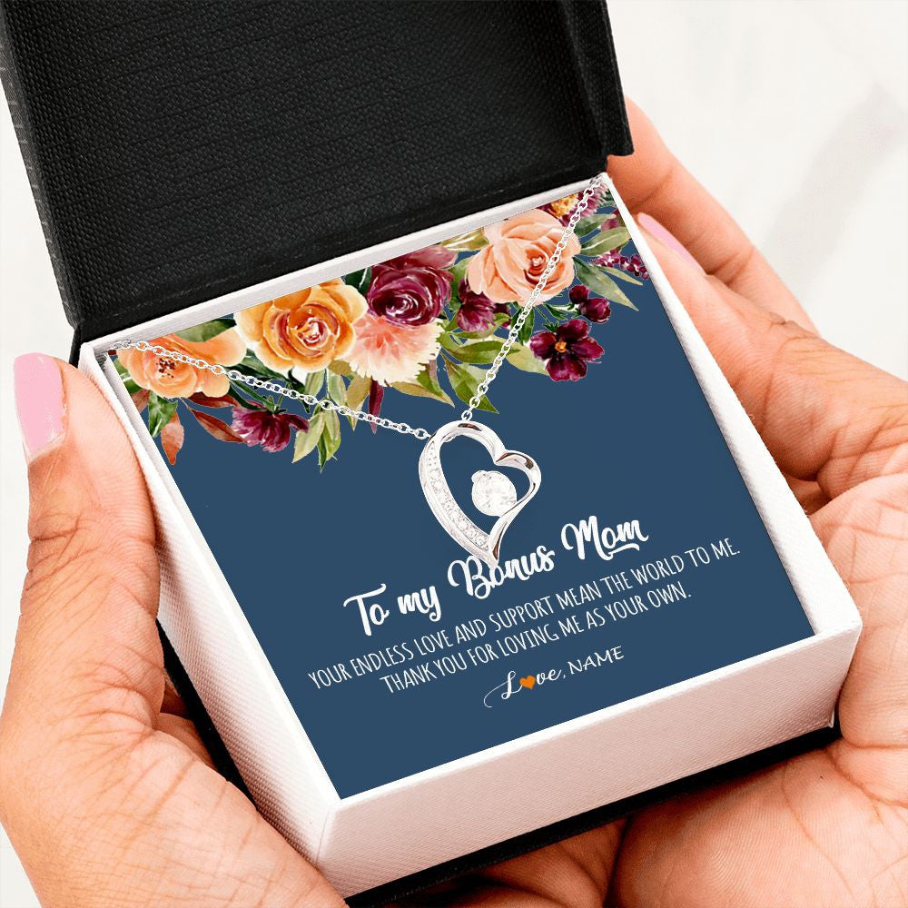 Forever Love Necklace | Personalized To My Bonus Mom Necklace Your Endless Love and Support Stepmother Stepmom Jewelry Birthday Mothers Day Christmas Customized Gift Box Message Card | teecentury