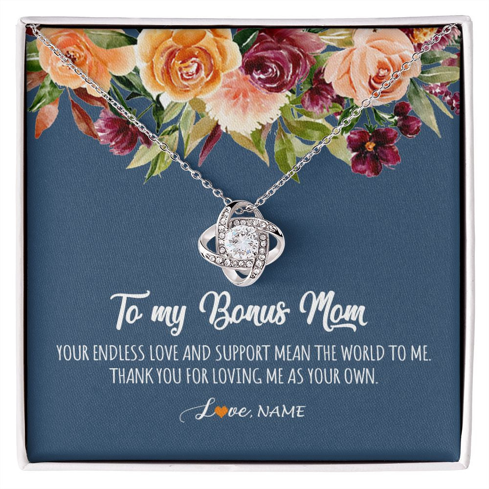 Love Knot Necklace | Personalized To My Bonus Mom Necklace Your Endless Love and Support Stepmother Stepmom Jewelry Birthday Mothers Day Christmas Customized Gift Box Message Card | teecentury