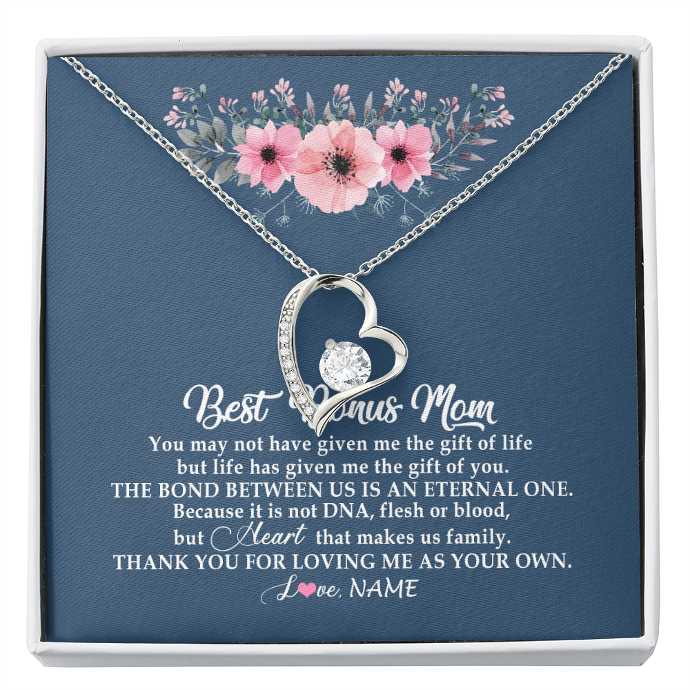 Forever Love Necklace | Personalized To My Bonus Mom Necklace from Daughter Thank You For Loving Me Bonus Mom Jewelry Birthday Mothers Day Christmas Customized Message Card | teecentury