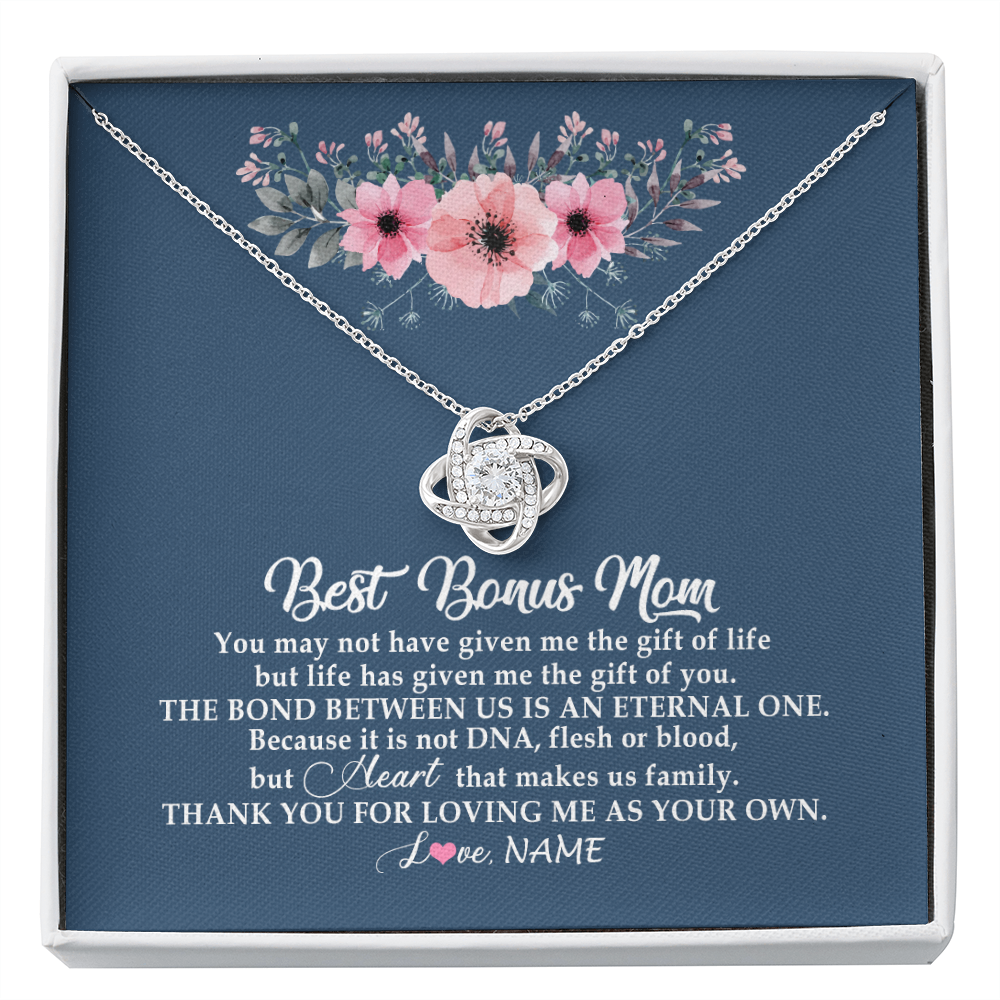 Love Knot Necklace | Personalized To My Bonus Mom Necklace from Daughter Thank You For Loving Me Bonus Mom Jewelry Birthday Mothers Day Christmas Customized Message Card | teecentury