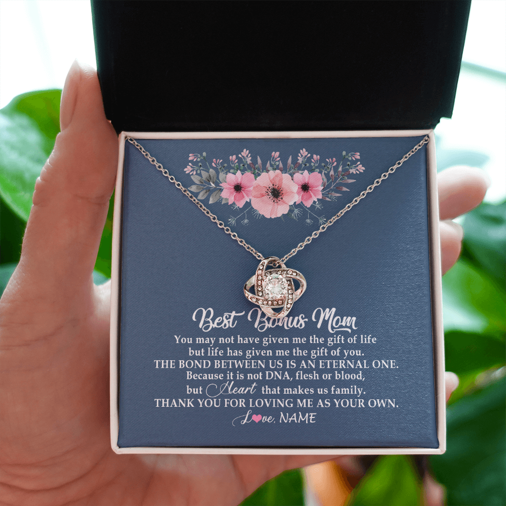 Love Knot Necklace | Personalized To My Bonus Mom Necklace from Daughter Thank You For Loving Me Bonus Mom Jewelry Birthday Mothers Day Christmas Customized Message Card | teecentury
