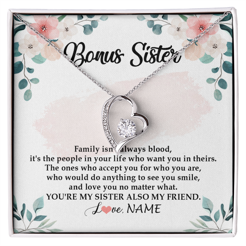 Forever Love Necklace | Personalized To My Bonus Sister Necklace You're My Sister Also My Friend Sister Pendant Jewelry Wedding Birthday Christmas Customized Gift Box Message Card | teecentury