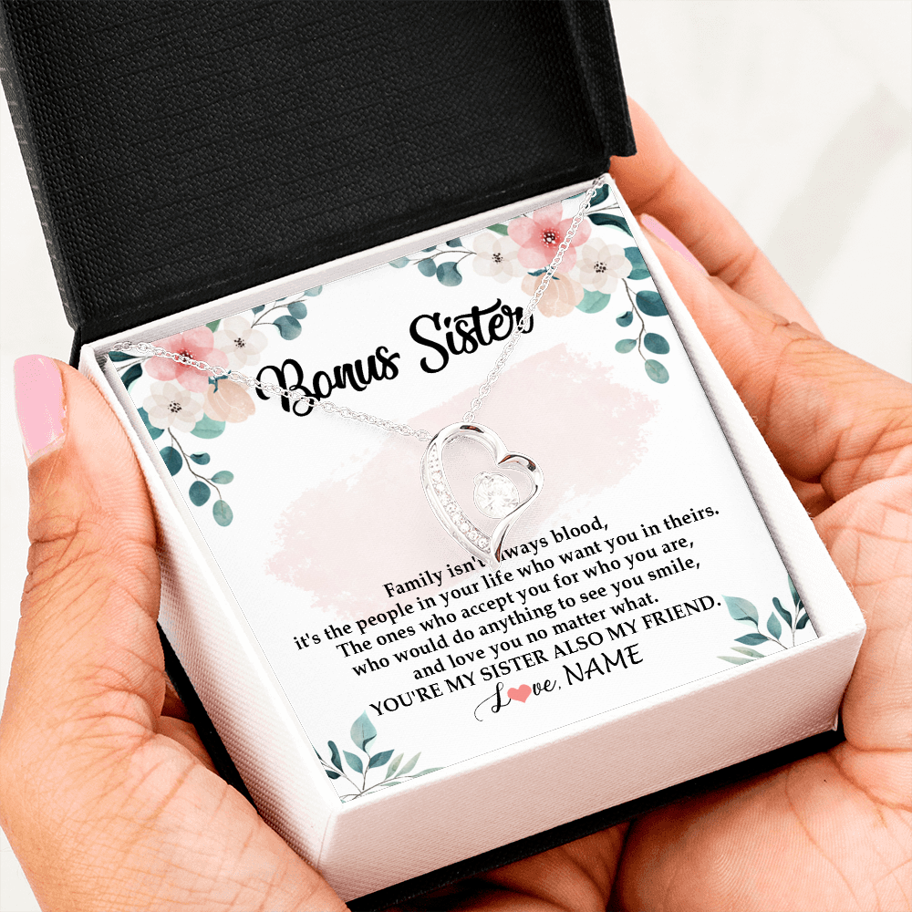 Forever Love Necklace | Personalized To My Bonus Sister Necklace You're My Sister Also My Friend Sister Pendant Jewelry Wedding Birthday Christmas Customized Gift Box Message Card | teecentury