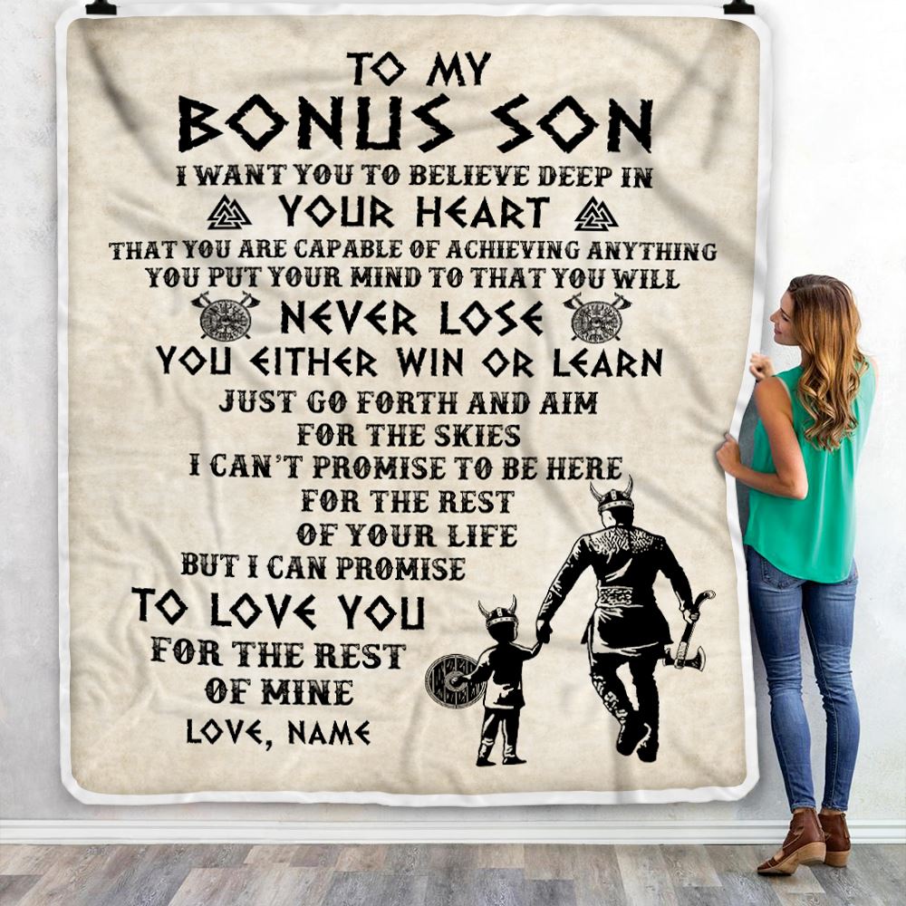 Personalized To My Bonus Son Blanket From Step Dad You Will Never Lose Viking Stepson Birthday Graduation Christmas Customized Fleece Blanket | teecentury