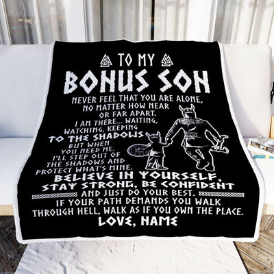 Personalized To My Bonus Son Blanket Viking Never Feel You Are Alone Scandinavian Runes Viking Stepson Birthday Christmas Customized Bed Fleece Blanket | teecentury