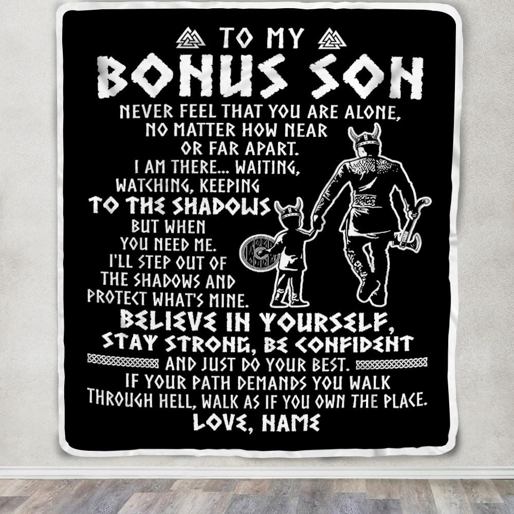 Personalized To My Bonus Son Blanket Viking Never Feel You Are Alone Scandinavian Runes Viking Stepson Birthday Christmas Customized Bed Fleece Blanket | teecentury