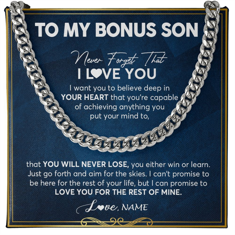 Cuban Link Chain Necklace | Personalized To My Bonus Son Cuban Necklace From Stepmom Stepdad Never Forget That I Love You Stepson Birthday Christmas Customized Gift Box Message Card | teecentury
