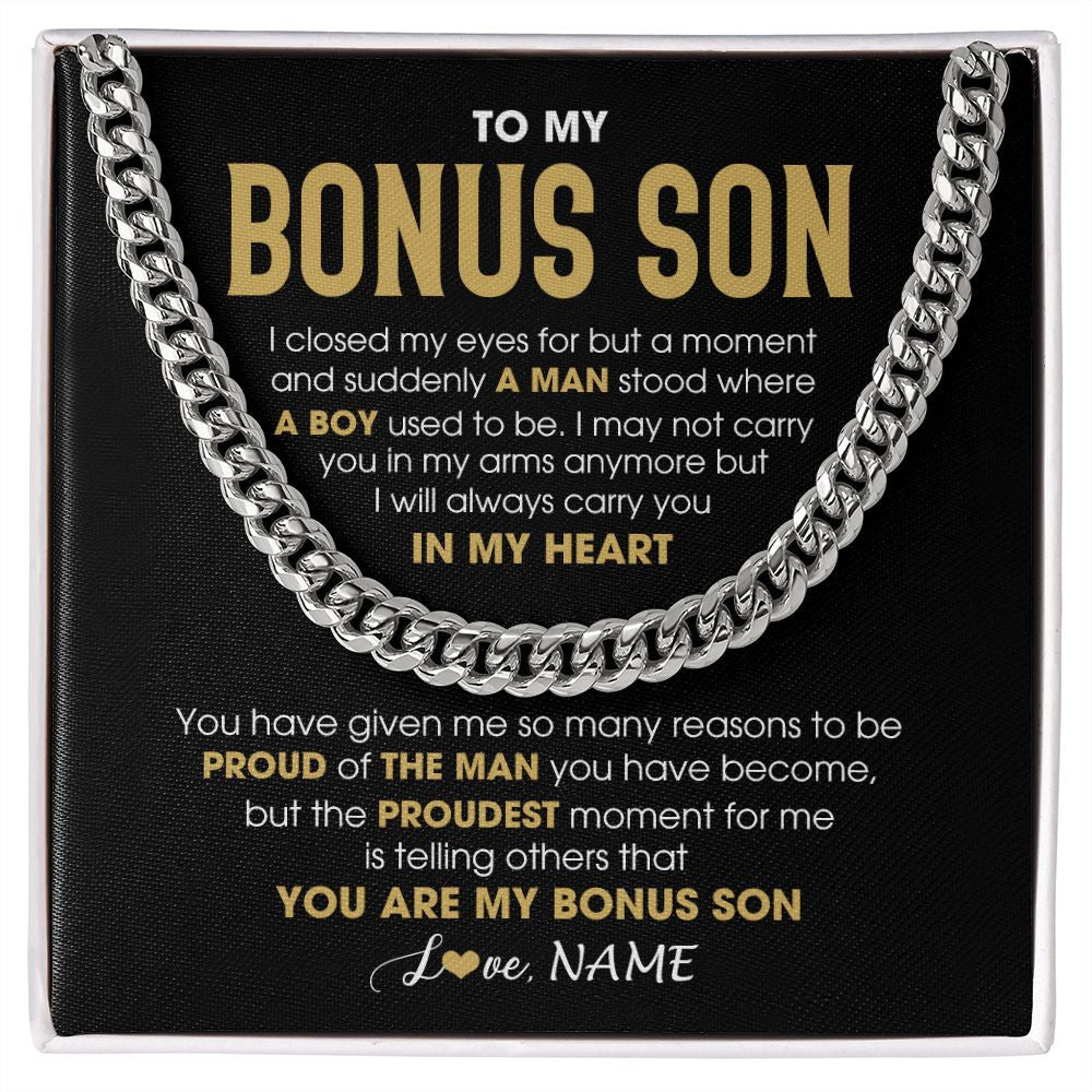 Cuban Link Chain Necklace | Personalized To My Bonus Son Cuban Necklace From Stepmom Stepdad Proud Of The Man Stepson Birthday Graduation Christmas Customized Gift Box Message Card | teecentury