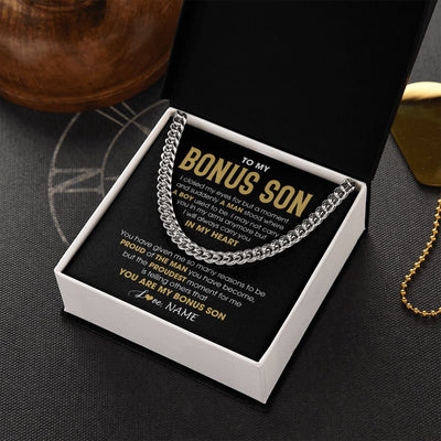 Cuban Link Chain Necklace | Personalized To My Bonus Son Cuban Necklace From Stepmom Stepdad Proud Of The Man Stepson Birthday Graduation Christmas Customized Gift Box Message Card | teecentury
