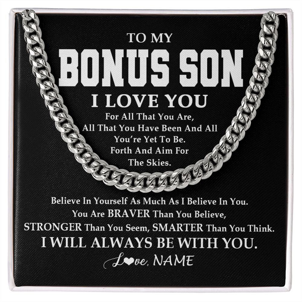Cuban Link Chain Necklace | Personalized To My Bonus Son Necklace Cuban From Stepmom Stepdad Believe In Yourself Stepson Birthday Christmas Customized Gift Box Message Card | teecentury