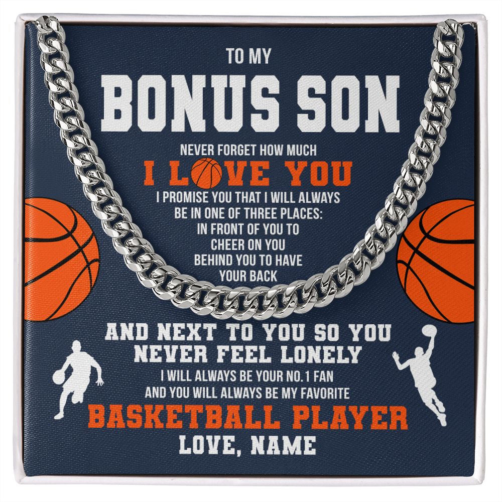 Cuban Link Chain Necklace | Personalized To My Bonus Son Necklace From Step Mom Stepdad Never Forget I Love You Basketball Stepson Birthday Christmas Customized Gift Box Message Card | teecentury