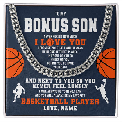 Cuban Link Chain Necklace | Personalized To My Bonus Son Necklace From Step Mom Stepdad Never Forget I Love You Basketball Stepson Birthday Christmas Customized Gift Box Message Card | teecentury