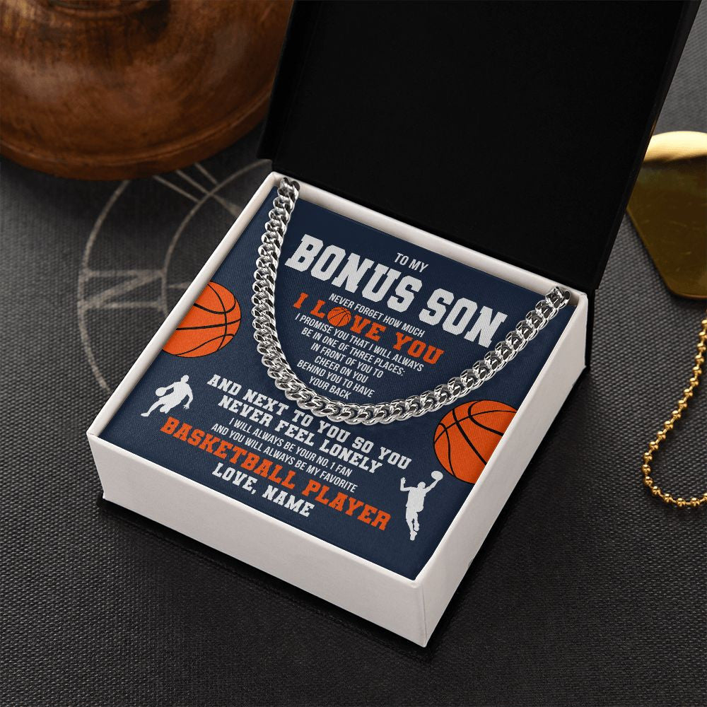 Cuban Link Chain Necklace | Personalized To My Bonus Son Necklace From Step Mom Stepdad Never Forget I Love You Basketball Stepson Birthday Christmas Customized Gift Box Message Card | teecentury