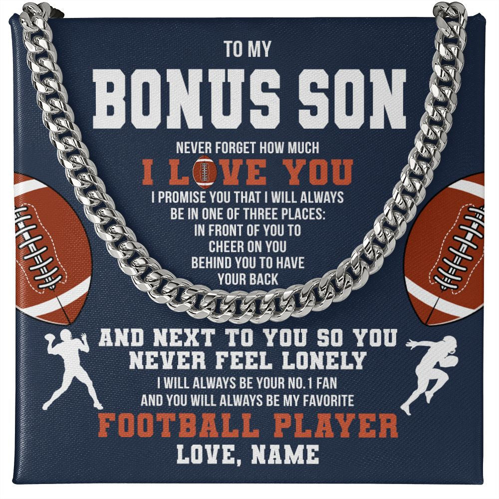 Cuban Link Chain Necklace | Personalized To My Bonus Son Necklace From Step Mom Stepdad Never Forget I Love You Football Stepson Birthday Christmas Customized Gift Box Message Card | teecentury