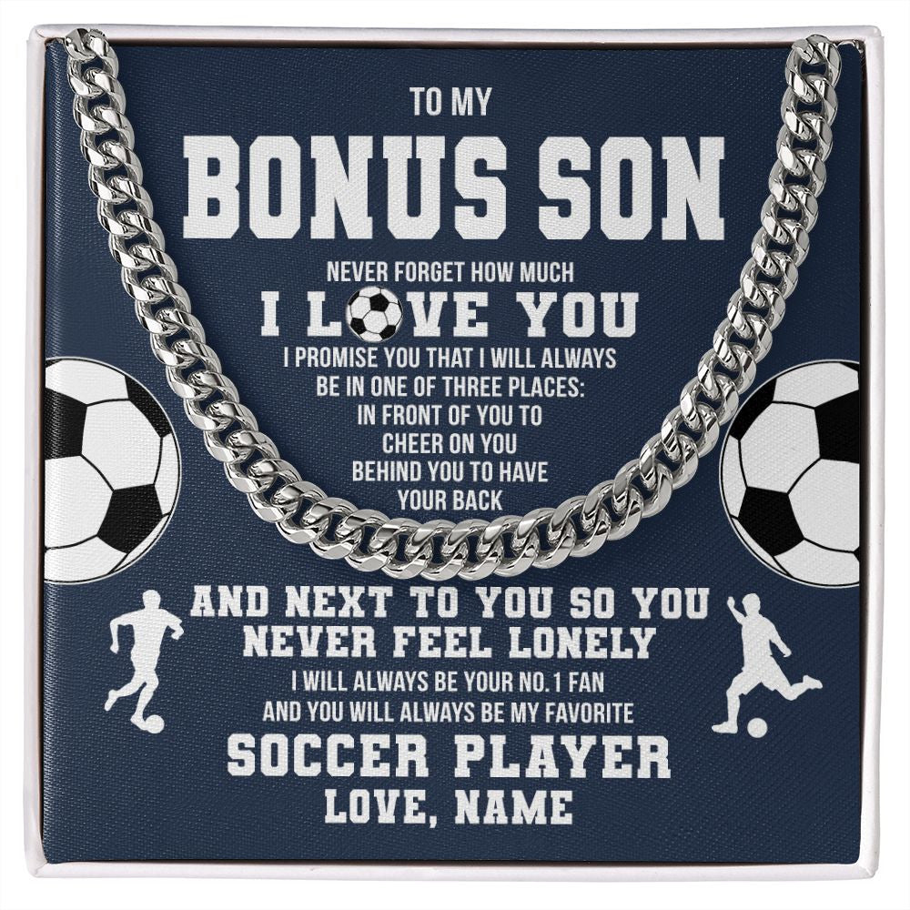 Cuban Link Chain Necklace | Personalized To My Bonus Son Necklace From Step Mom Stepdad Never Forget I Love You Soccer Stepson Birthday Christmas Customized Gift Box Message Card | teecentury