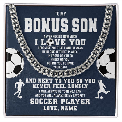 Cuban Link Chain Necklace | Personalized To My Bonus Son Necklace From Step Mom Stepdad Never Forget I Love You Soccer Stepson Birthday Christmas Customized Gift Box Message Card | teecentury