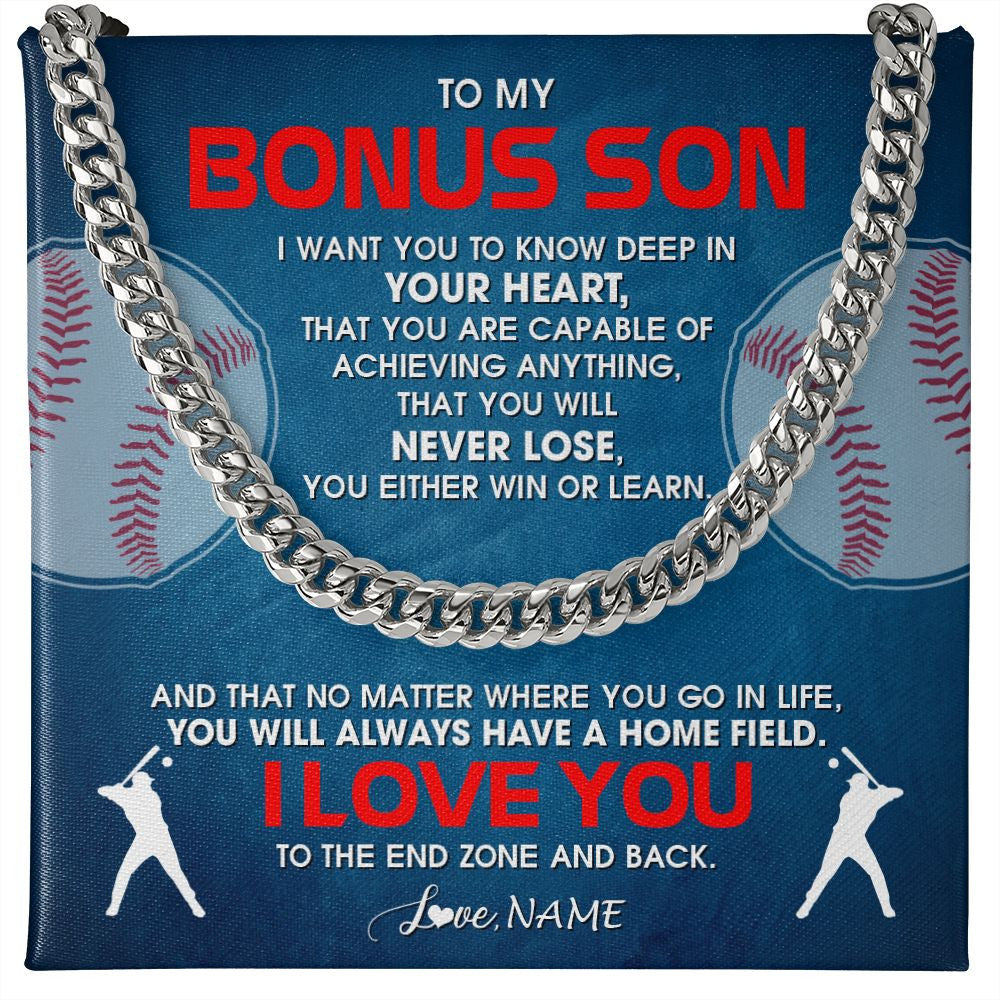 Cuban Link Chain Necklace | Personalized To My Bonus Son Necklace From Step Mom Stepdad Never Lose Baseball Step Son Birthday Graduation Christmas Customized Gift Box Message Card | teecentury