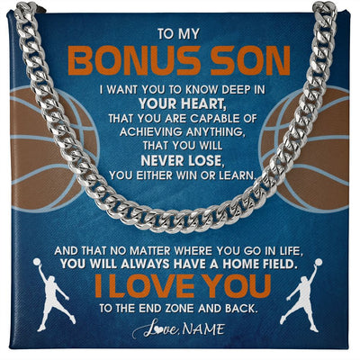 Cuban Link Chain Necklace | Personalized To My Bonus Son Necklace From Step Mom Stepdad Never Lose Basketball Step Son Birthday Graduation Christmas Customized Gift Box Message Card | teecentury