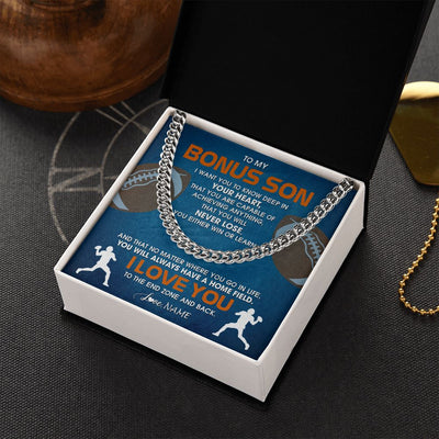 Cuban Link Chain Necklace | Personalized To My Bonus Son Necklace From Step Mom Stepdad Never Lose Football Step Son Birthday Graduation Christmas Customized Gift Box Message Card | teecentury