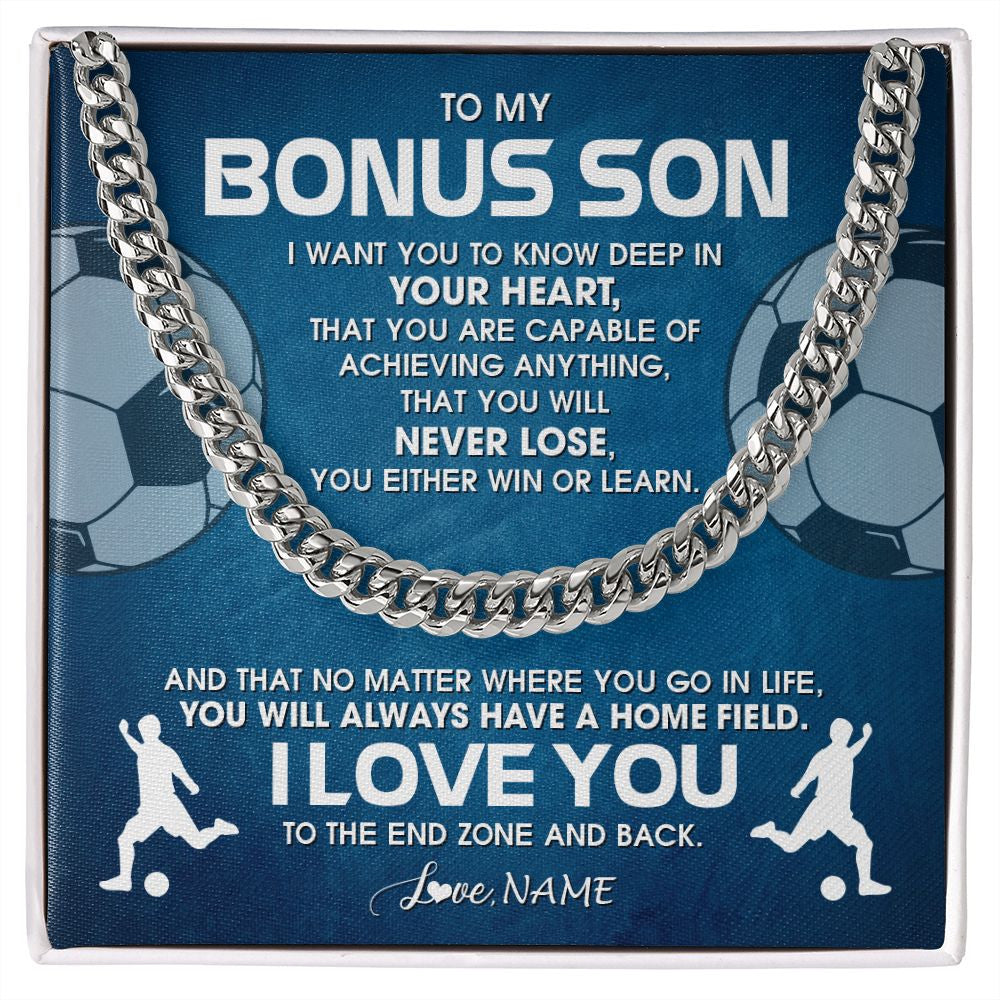 Cuban Link Chain Necklace | Personalized To My Bonus Son Necklace From Step Mom Stepdad Never Lose Soccer Step Son Birthday Graduation Christmas Customized Gift Box Message Card | teecentury