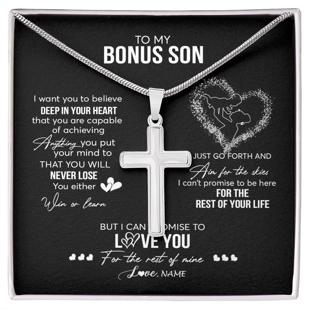 Stainless Cross Necklace | Personalized To My Bonus Son Necklace From Stepdad Promise To Love You Stepson Birthday Graduation Christmas Pendant Customized Gift Box Message Card | teecentury