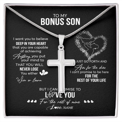 Stainless Cross Necklace | Personalized To My Bonus Son Necklace From Stepdad Promise To Love You Stepson Birthday Graduation Christmas Pendant Customized Gift Box Message Card | teecentury