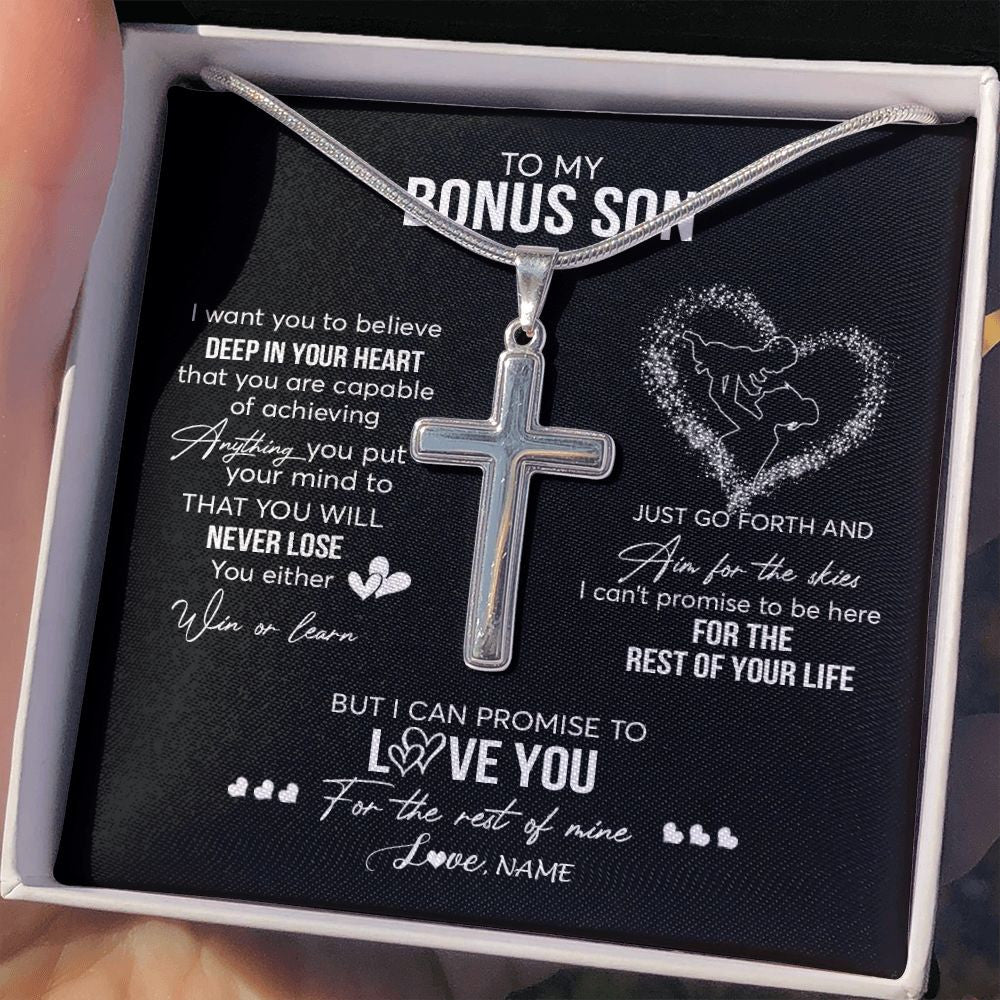 Stainless Cross Necklace | Personalized To My Bonus Son Necklace From Stepdad Promise To Love You Stepson Birthday Graduation Christmas Pendant Customized Gift Box Message Card | teecentury