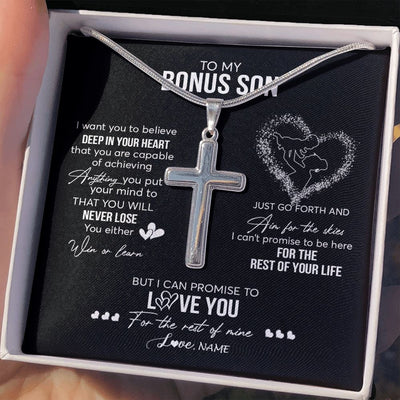 Stainless Cross Necklace | Personalized To My Bonus Son Necklace From Stepdad Promise To Love You Stepson Birthday Graduation Christmas Pendant Customized Gift Box Message Card | teecentury