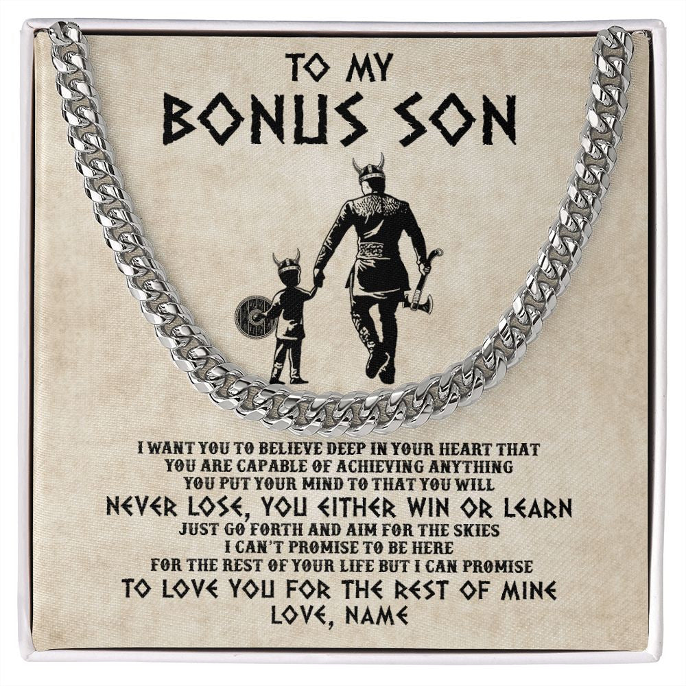 Cuban Link Chain Necklace | Personalized To My Bonus Son Necklace From Stepdad You Will Never Lose Viking Stepson Birthday Graduation Christmas Customized Gift Box Message Card | teecentury