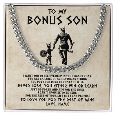 Cuban Link Chain Necklace | Personalized To My Bonus Son Necklace From Stepdad You Will Never Lose Viking Stepson Birthday Graduation Christmas Customized Gift Box Message Card | teecentury