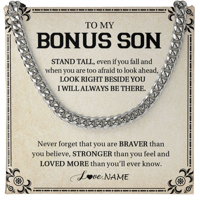 Cuban Link Chain Necklace | Personalized To My Bonus Son Necklace From Stepmom Never Forget That You Are Braver Stepson Birthday Graduation Christmas Customized Gift Box Message Card | teecentury