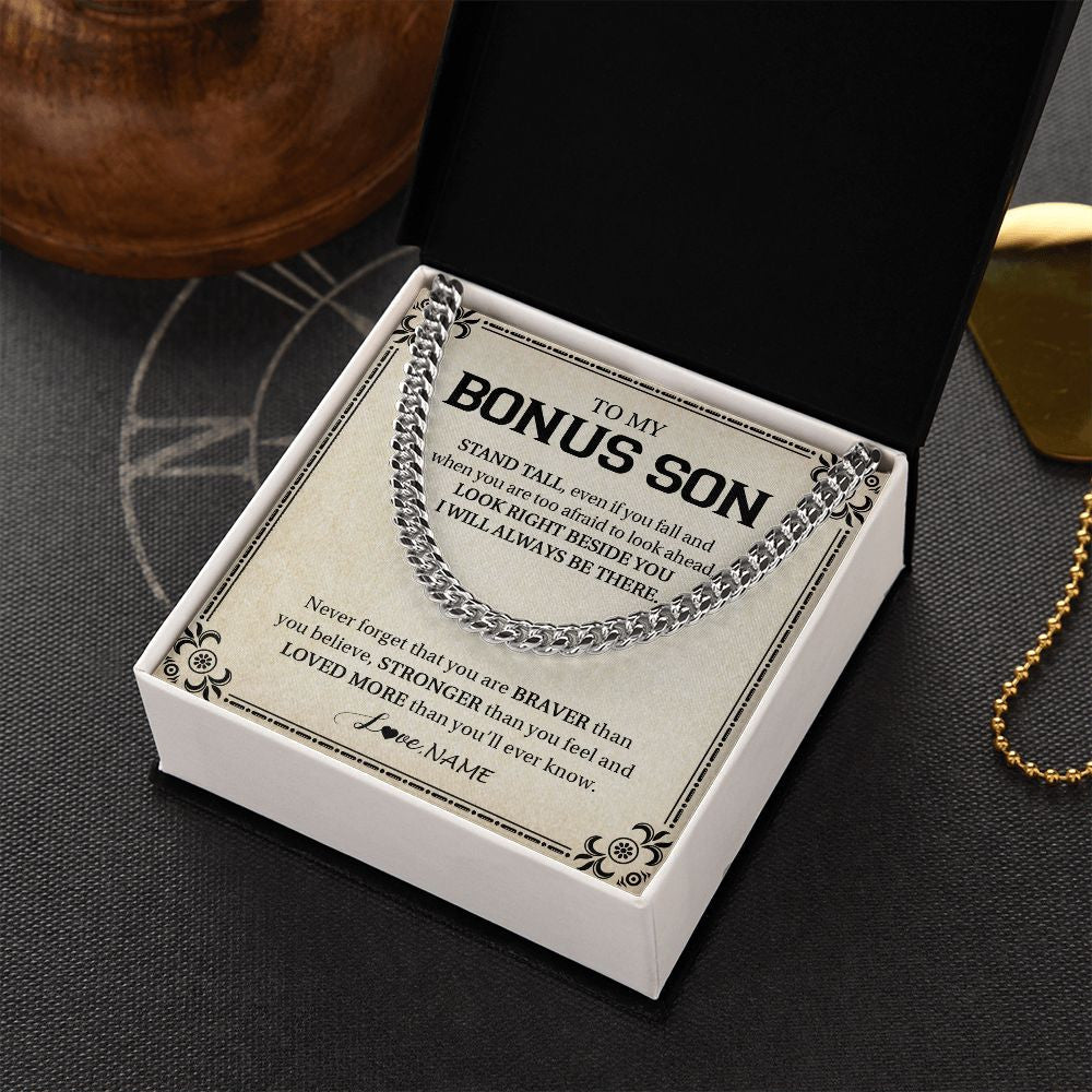 Cuban Link Chain Necklace | Personalized To My Bonus Son Necklace From Stepmom Never Forget That You Are Braver Stepson Birthday Graduation Christmas Customized Gift Box Message Card | teecentury