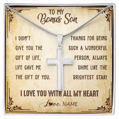 Stainless Cross Necklace | Personalized To My Bonus Son Necklace From Stepmom Stepdad I Love You With All My Heart Stepson Birthday Christmas Graduation Customized Gift Box Message Card | teecentury